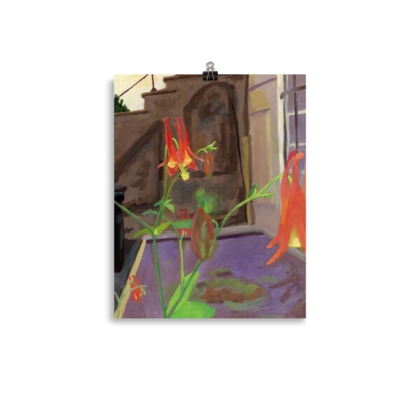 Red columbines grow by the stoop