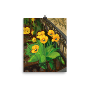 Tulips brighten a tree bed